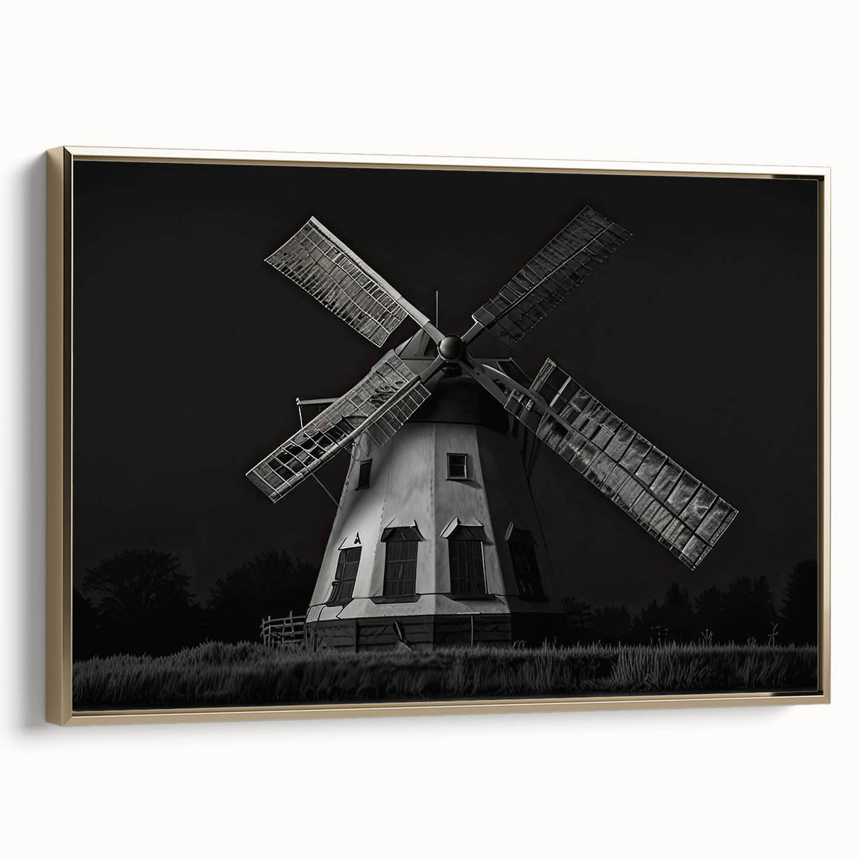 Framed canvas wall art showcasing a serene landscape with windmills, adorned in a gold frame, ideal for home decor and modern aesthetics. Perfect for enhancing interior spaces with a touch of elegance and tranquility.