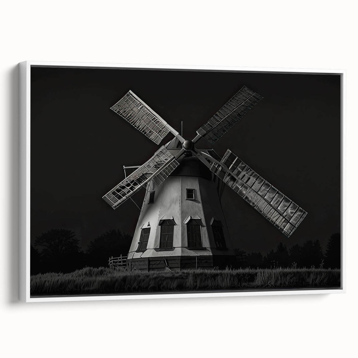 Framed canvas wall art depicting a scenic landscape with windmills, presented in a white frame, showcasing vibrant colors and serene countryside beauty. Ideal for home decor enthusiasts.