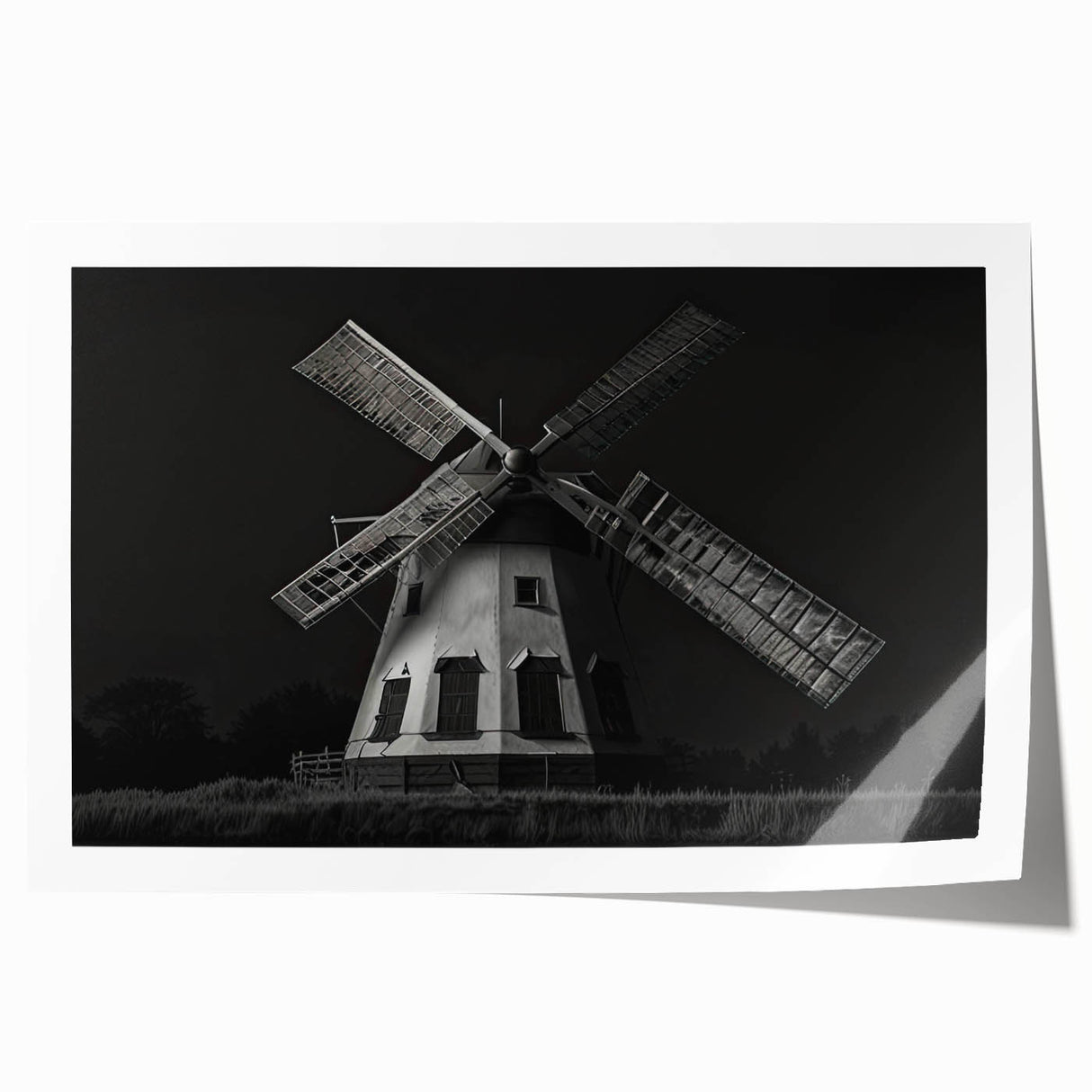 Rolled print of a serene landscape featuring windmills against a sunset backdrop, showcasing vibrant colors and intricate details, perfect for home decor.