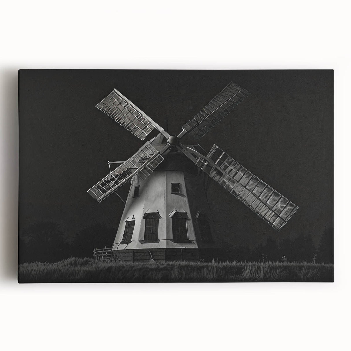 Stretched canvas wall art featuring a picturesque landscape with windmills under a bright blue sky, ideal for enhancing home decor and adding a serene ambiance.