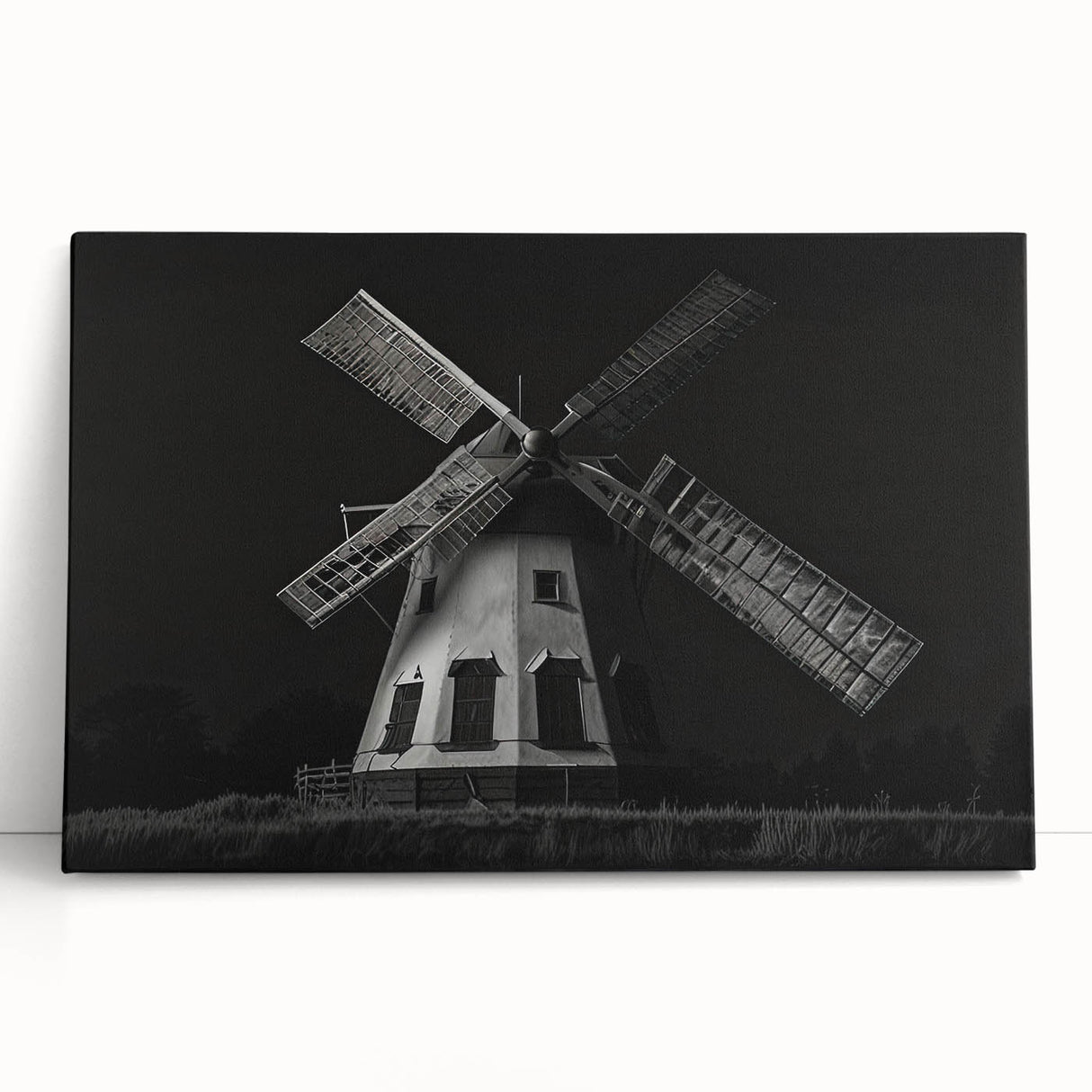 Stretched canvas wall art depicting serene landscapes with windmills, showcasing soft hues of blue and green, perfect for home decor. Ideal for adding a tranquil touch to any room.