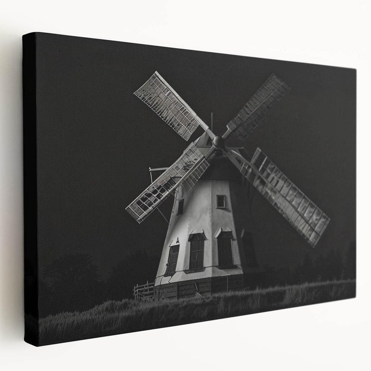 Stretched canvas wall art showcasing a serene landscape with windmills against a vibrant sunset, perfect for home decor enthusiasts seeking a tranquil ambiance.