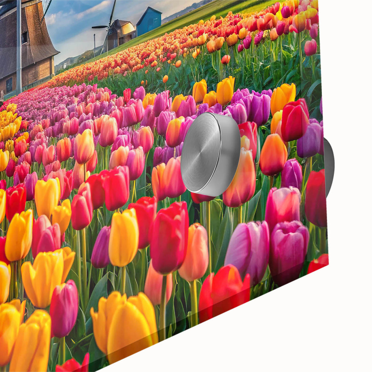 Close-up of a vibrant acrylic wall art piece showcasing a picturesque landscape with windmills, featuring bold colors and intricate details, perfect for home decor.