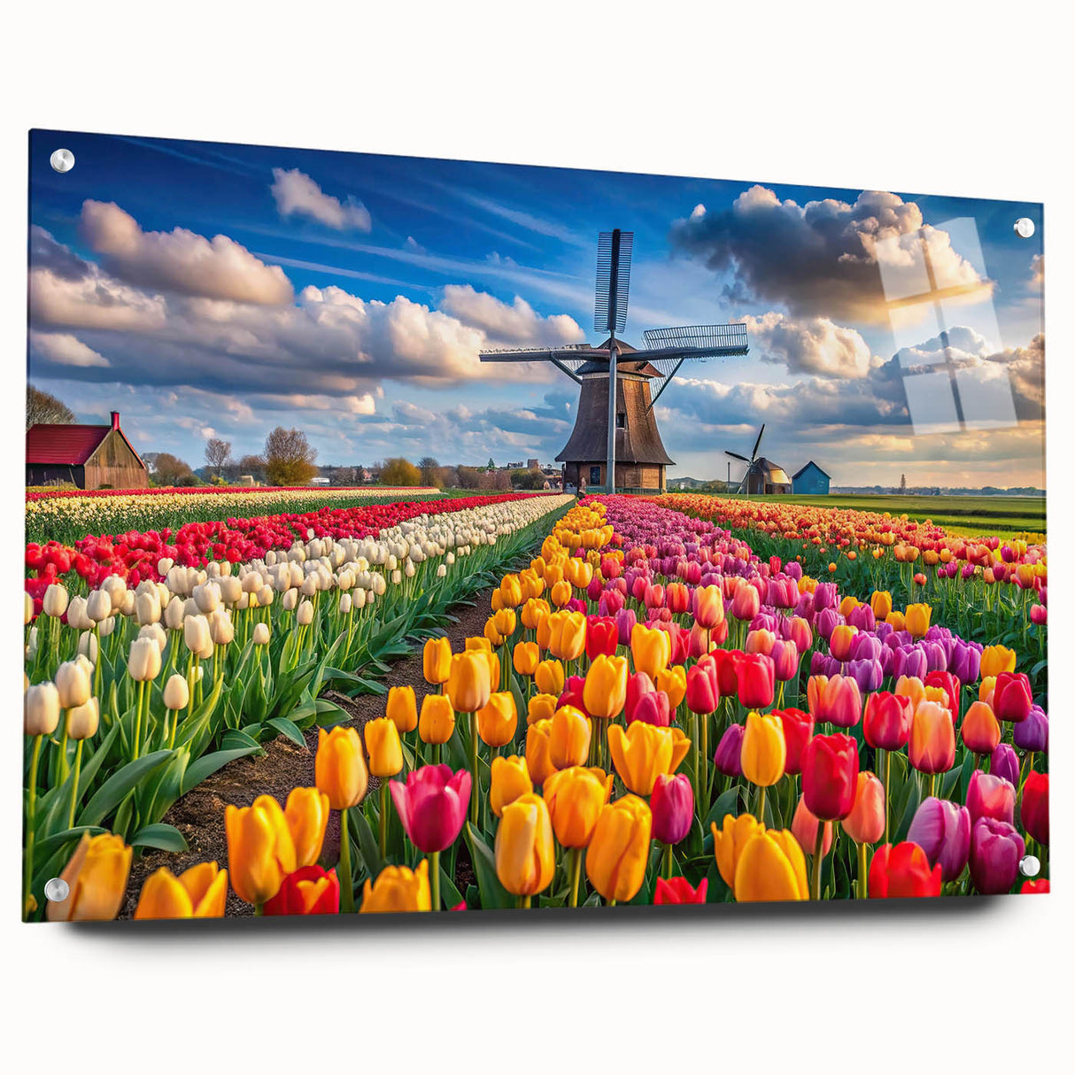 Acrylic wall art collection showcasing a vibrant landscape with windmills, featuring a side view and detailed pin accents, perfect for modern home decor.