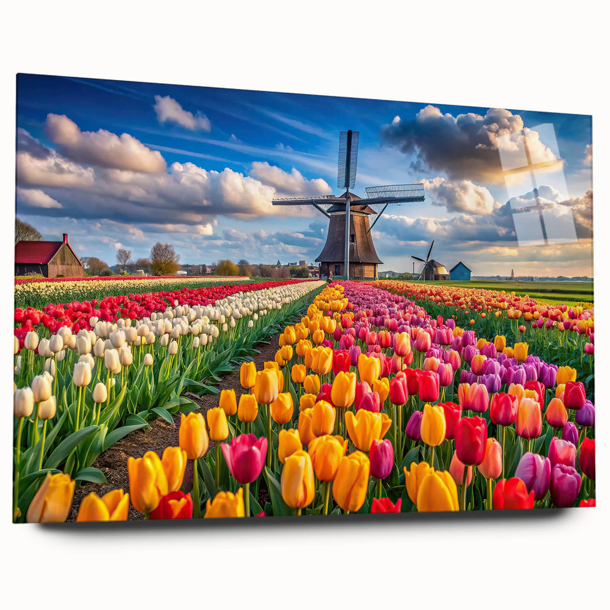Acrylic wall art design showcasing a picturesque landscape with windmills, captured in a vibrant color palette. This side view highlights its modern aesthetic, perfect for enhancing home decor.