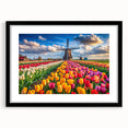 Black framed wall art featuring a serene landscape with windmills, designed to enhance home decor. Ideal for modern interiors, adding elegance and tranquility.