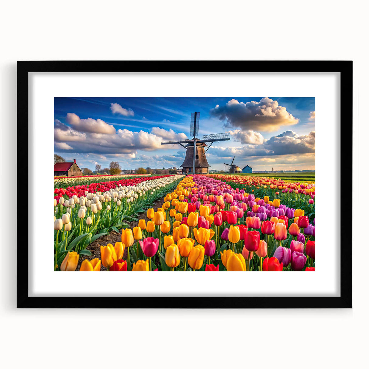 Black framed wall art featuring a serene landscape with windmills, designed to enhance home decor. Ideal for modern interiors, adding elegance and tranquility.