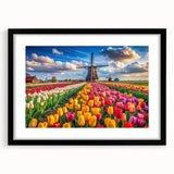 Black framed wall art featuring a serene landscape with windmills, designed to enhance home decor. Ideal for modern interiors, adding elegance and tranquility.