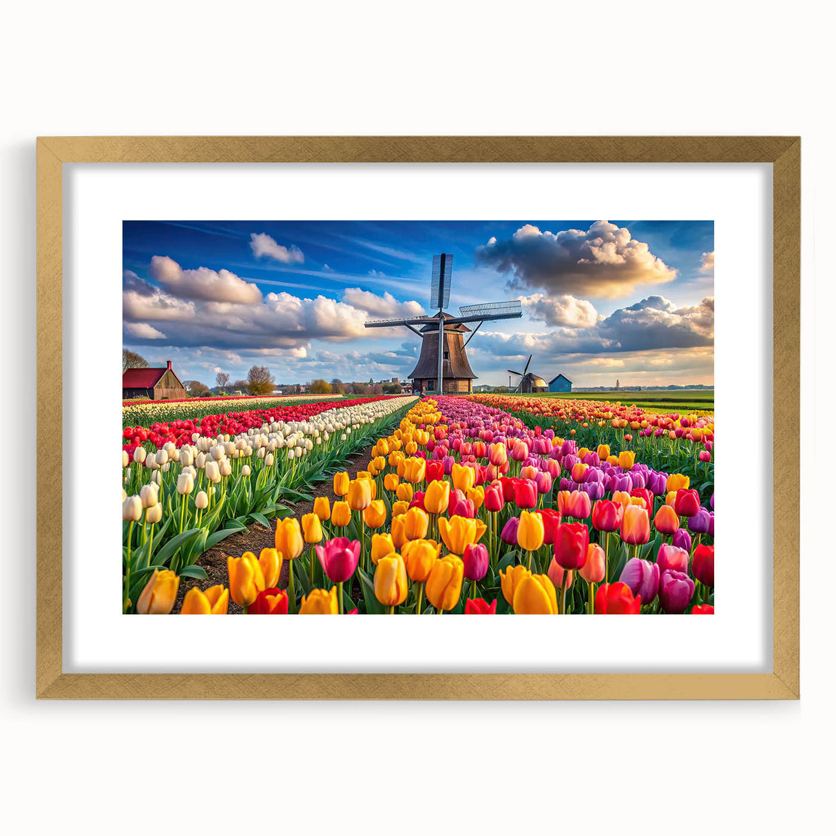 Framed wall art featuring a picturesque landscape with windmills, showcasing a gold mat and elegant frame, ideal for home decor and aesthetic enhancement.