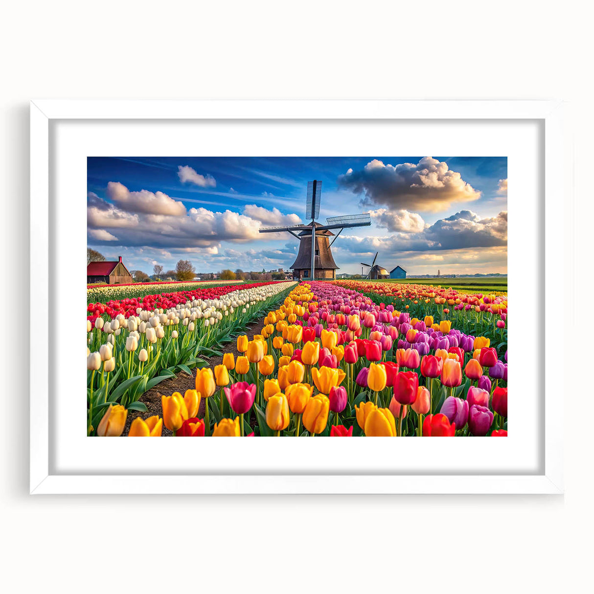 Framed wall art featuring a serene landscape with windmills, set against a soft white mat, perfect for home decor and enhancing interior aesthetics.