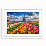 Framed wall art featuring a serene landscape with windmills, set against a soft white mat, perfect for home decor and enhancing interior aesthetics.