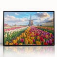 Framed acrylic wall art featuring a serene landscape with windmills, showcasing a black frame and vibrant colors, perfect for home or office decor.