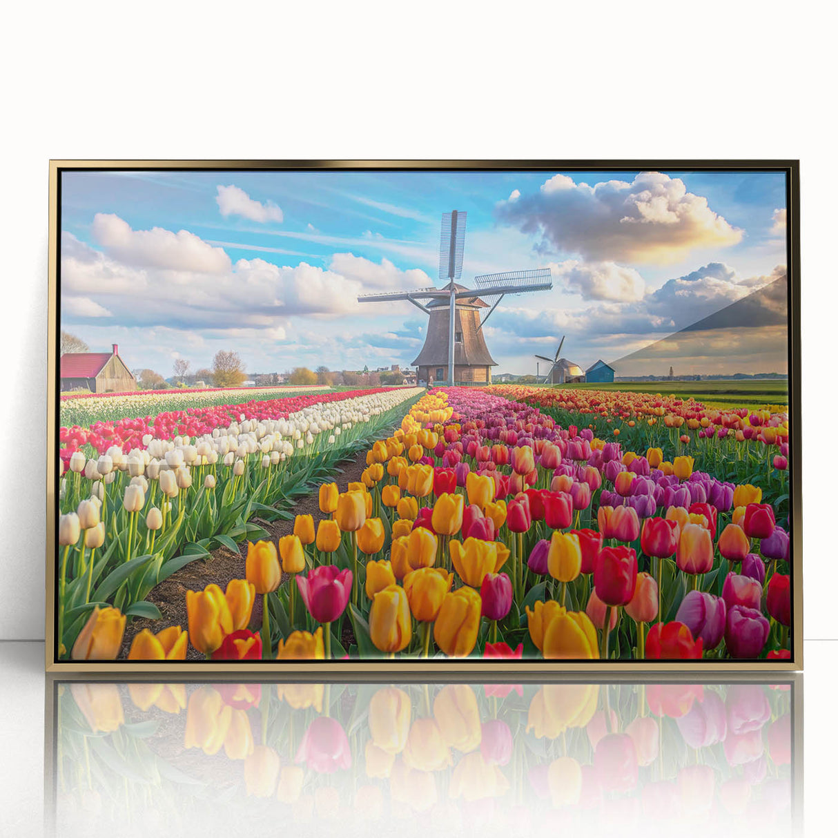 Framed acrylic wall art featuring a scenic landscape with windmills, showcasing vibrant colors and intricate details, perfect for modern home decor.