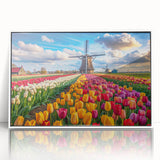 Framed acrylic wall art featuring a serene landscape with windmills, showcasing vibrant colors and intricate details, ideal for modern home decor.