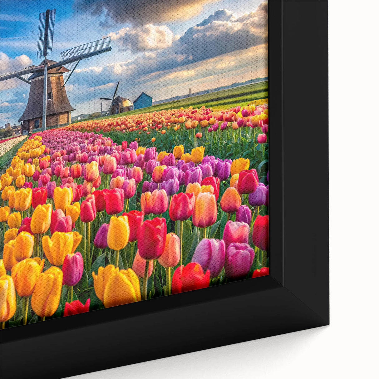 Framed canvas artwork showcasing a vibrant landscape with windmills, featuring rich colors and intricate details, perfect for home decor enhancement.