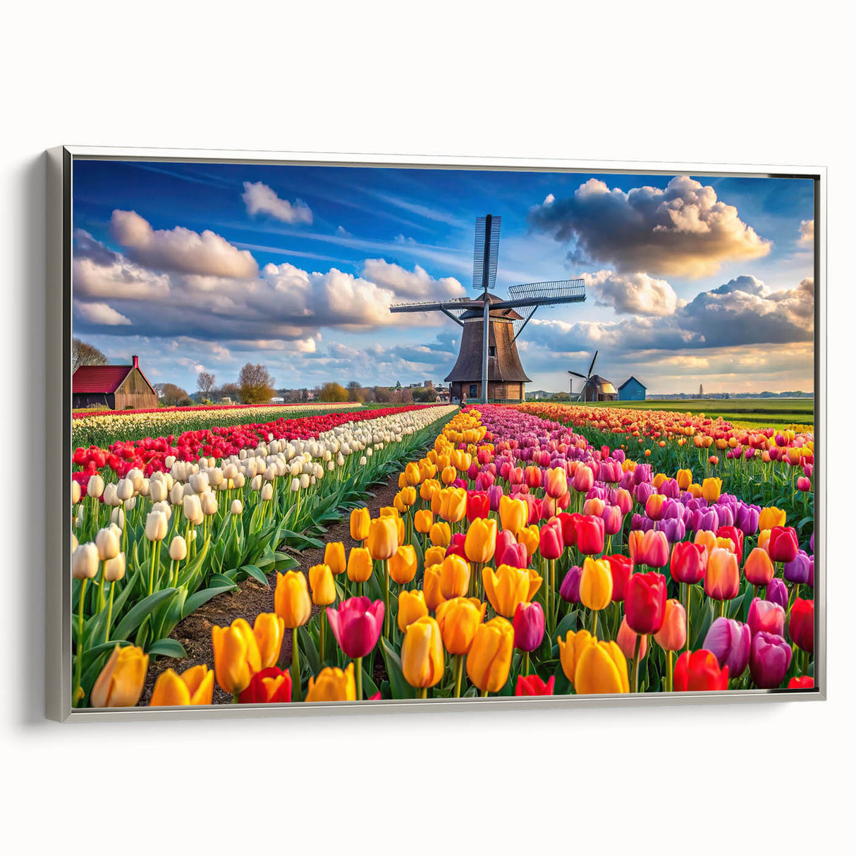 Framed canvas wall art showcasing a scenic landscape with windmills, set in a sleek silver frame, perfect for home decor and adding a touch of elegance.