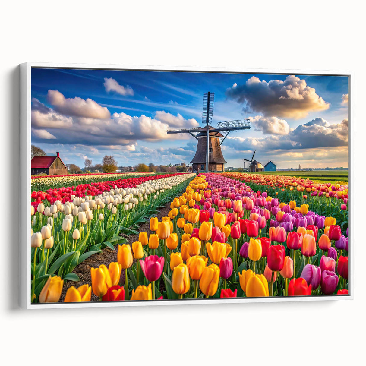 Framed canvas wall art featuring a serene landscape with windmills against a blue sky, designed for modern home decor, highlighting nature's beauty and tranquility.