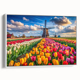 Framed canvas wall art featuring a serene landscape with windmills against a blue sky, designed for modern home decor, highlighting nature's beauty and tranquility.