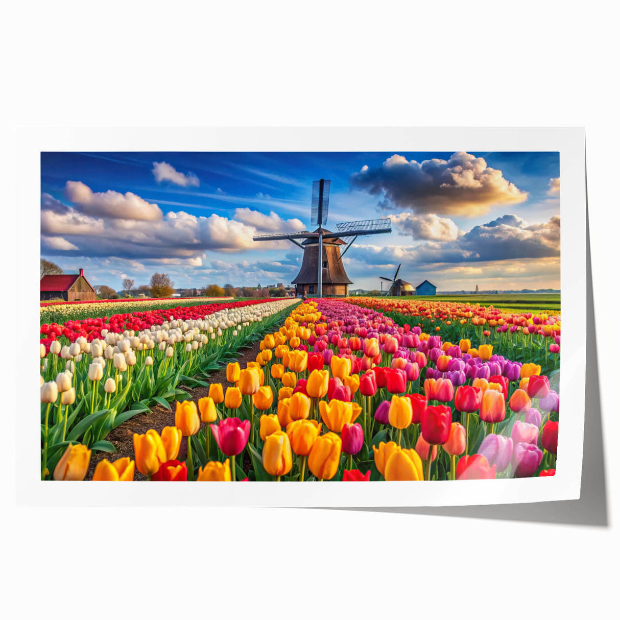 Rolled print showcasing a serene landscape with windmills, featuring soft pastel colors and intricate details, ideal for home decor enhancement.
