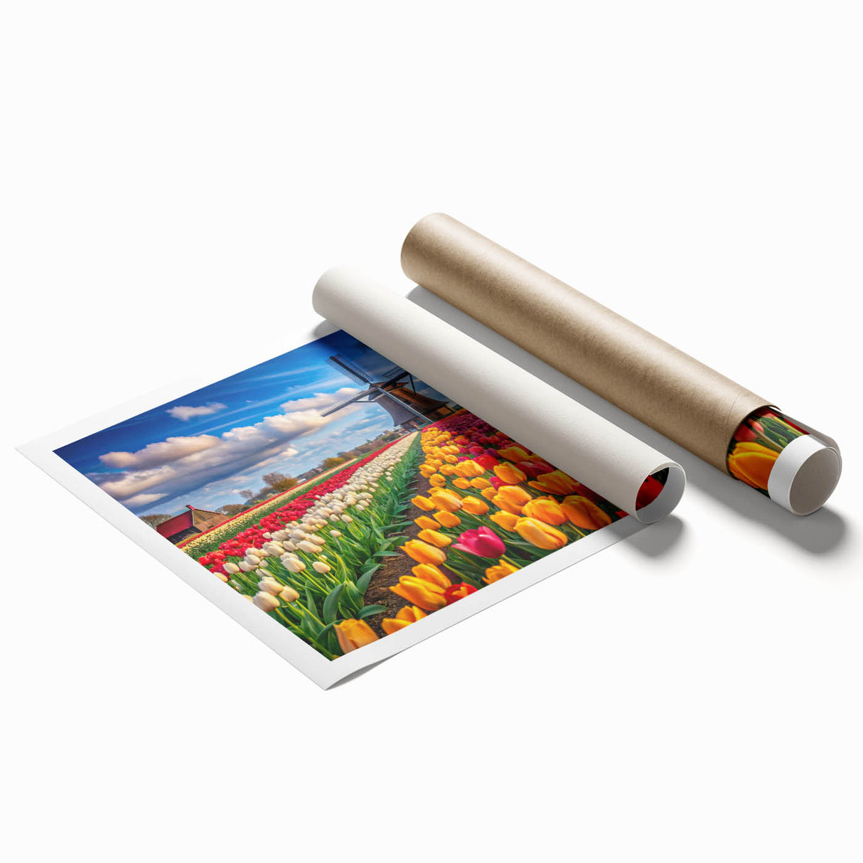 Rolled print of a serene landscape featuring vibrant windmills against a blue sky, ideal for home decor, showcasing artistic design and natural beauty.