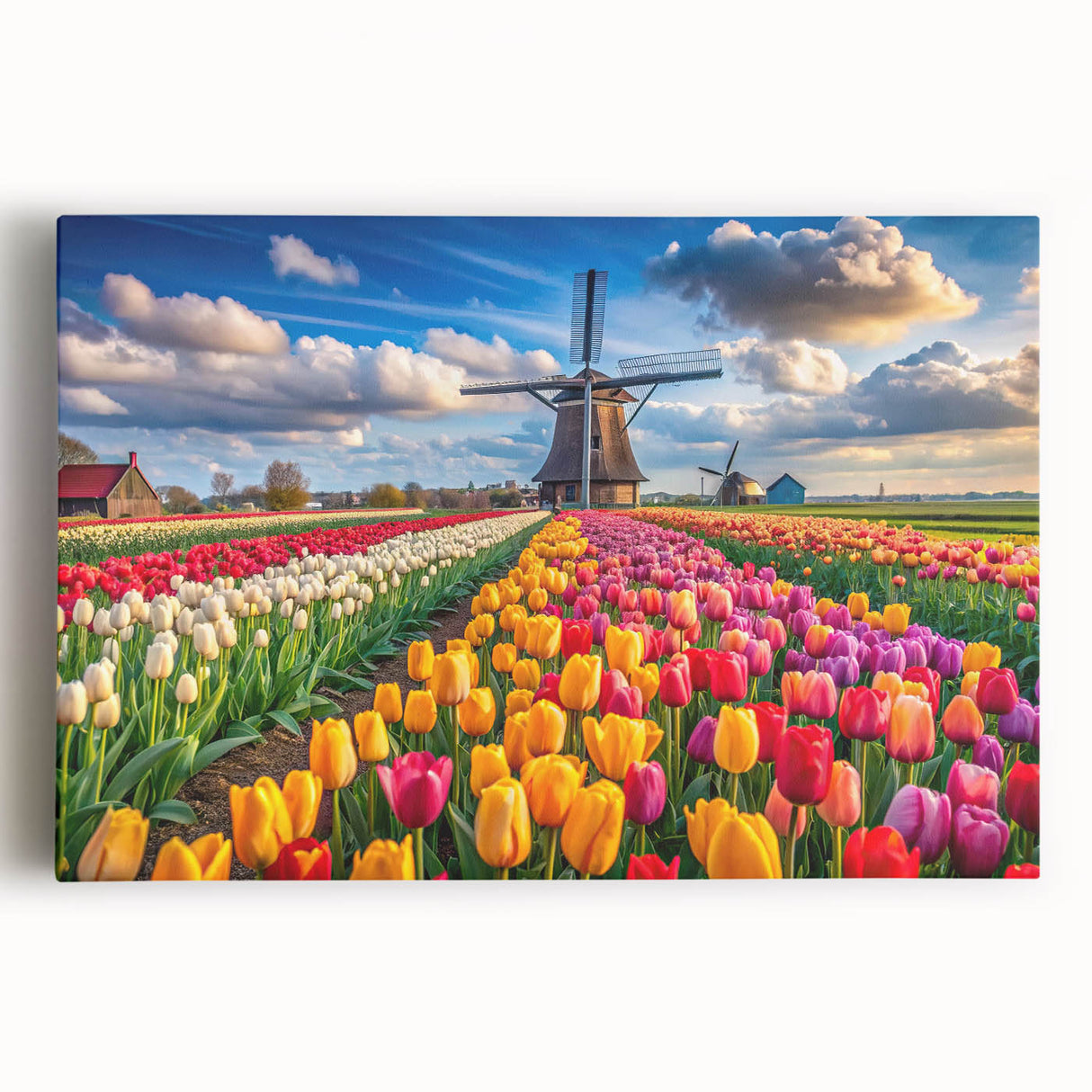 Stretched canvas wall art showcasing a vibrant landscape with windmills against a bright blue sky, ideal for home decor or office spaces, enhancing ambiance with a scenic view.