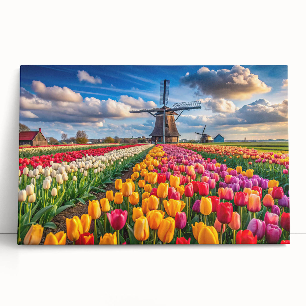 Stretched canvas wall art showcasing a serene landscape with windmills, featuring vibrant colors and a modern design, perfect for home decor enhancement.