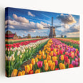 Stretched canvas wall art showcasing a serene landscape with windmills, featuring vibrant colors and intricate details, ideal for home decor enhancement.