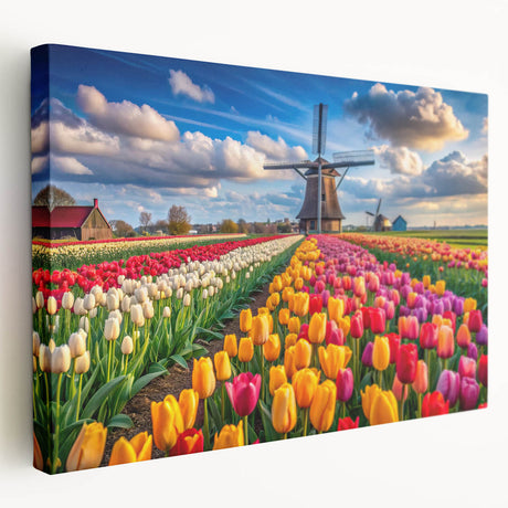 Stretched canvas wall art showcasing a serene landscape with windmills, featuring vibrant colors and intricate details, ideal for home decor enhancement.