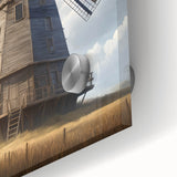 Close-up of a vibrant acrylic glass wall art piece depicting a serene landscape with windmills, showcasing rich colors and intricate details, perfect for home decor.