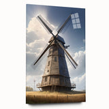 Side view of a modern acrylic glass wall art piece depicting a serene landscape with windmills, showcasing vibrant colors and intricate details, ideal for home decor.