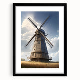 Framed wall art featuring a stunning landscape with windmills, presented in a sleek black frame with a mat, ideal for modern home decor. Perfect for enhancing living spaces.