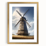Framed wall art featuring a scenic landscape with windmills, showcasing a gold mat and elegant border, perfect for home decor. Ideal for art enthusiasts.
