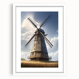 Framed wall art depicting a serene landscape with windmills, featuring a white mat and frame, ideal for home decor and modern interior design.