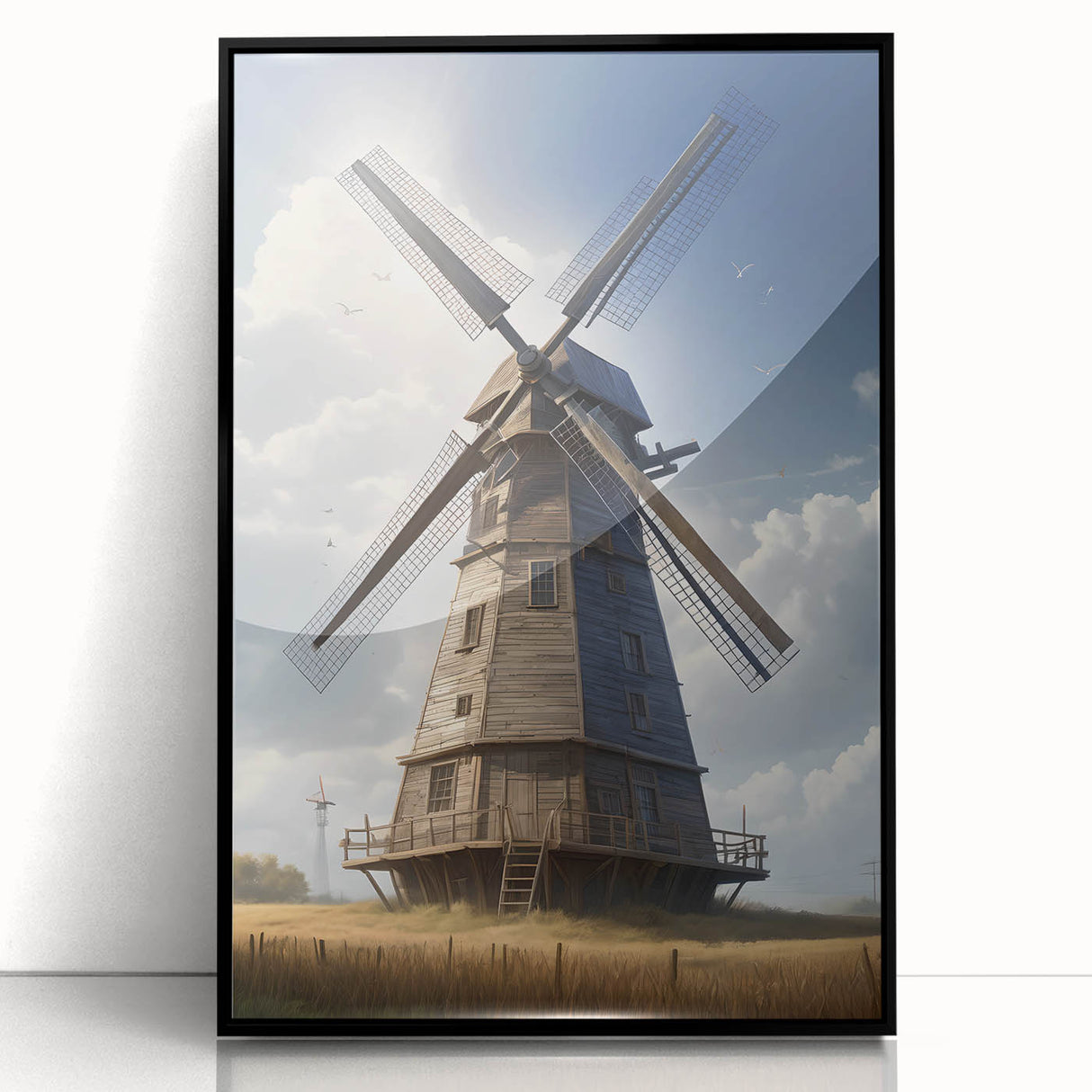 Framed wall art featuring a picturesque landscape with windmills, displayed in a sleek black frame, enhancing home or office decor with a serene touch.