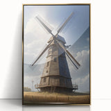 Framed wall art featuring a serene landscape with windmills, set against a vibrant sunset, highlighted by a gold frame, perfect for modern home décor.