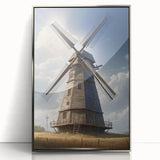 Framed wall art featuring a scenic landscape with windmills, presented in a sleek silver frame. The artwork captures a serene countryside view, ideal for home decor.