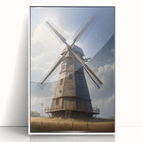 Framed wall art featuring a serene landscape with windmills, displayed in a white frame, showcasing vibrant colors and intricate details, perfect for home decor.