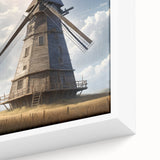Close-up view of a framed canvas wall art piece showcasing a vibrant landscape with windmills, featuring soft colors and intricate details, perfect for home decor.