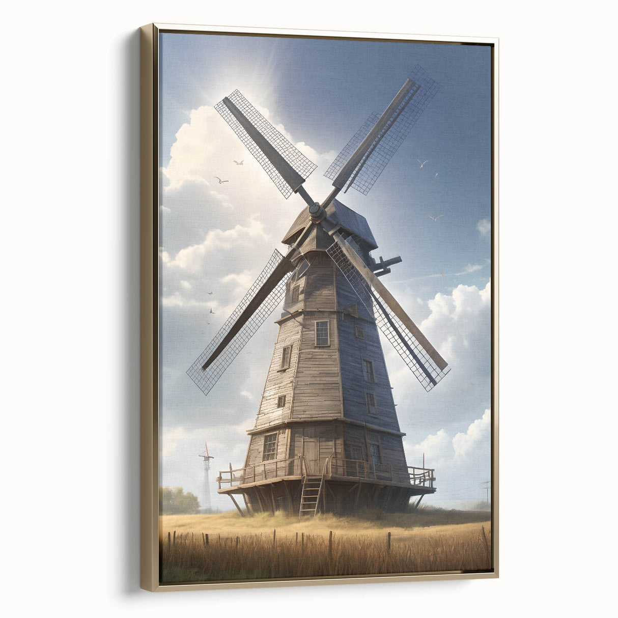 Framed wall art collection showcasing a serene landscape with windmills, featuring a gold frame and side view, perfect for modern home décor and artistic ambiance.