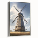 Framed canvas wall art depicting a serene landscape with windmills, showcasing silver accents and elegant design, perfect for modern home decor.