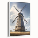 Framed canvas wall art showcasing a serene landscape with windmills against a clear blue sky, featuring a white frame for a modern touch, perfect for home decor.
