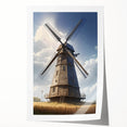 Rolled print of a picturesque landscape featuring iconic windmills against a vibrant sunset, showcasing rich colors and serene rural scenery for home decor.