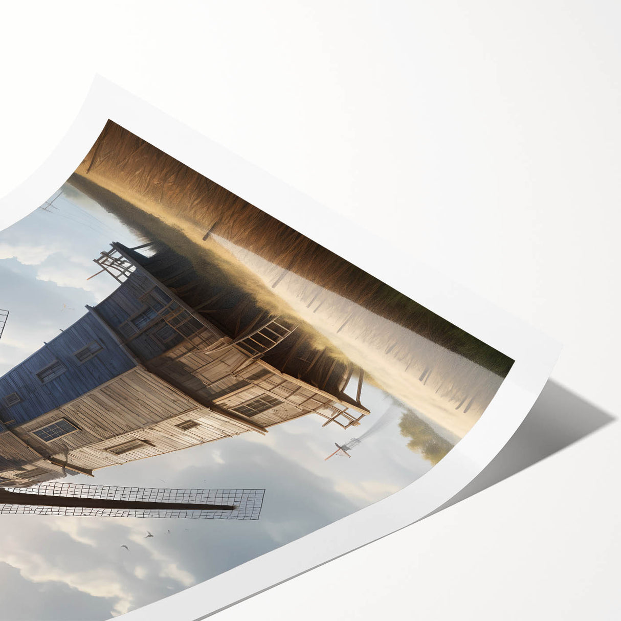 Vibrant rolled print of a serene landscape featuring windmills against a colorful sunset, perfect for home decor. Ideal for art enthusiasts and collectors.