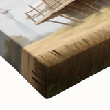 Close-up of a stretched canvas wall art piece showcasing a vibrant landscape with windmills, featuring rich colors and intricate details, ideal for home decor.
