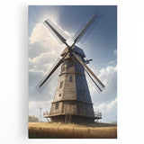 Vibrant stretched canvas wall art depicting a serene landscape with windmills, showcasing rich colors and intricate details, perfect for home decor enhancement.