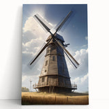 Stretched canvas wall art depicting a serene landscape with windmills under a clear blue sky, showcasing vibrant colors and intricate details, perfect for home decor.