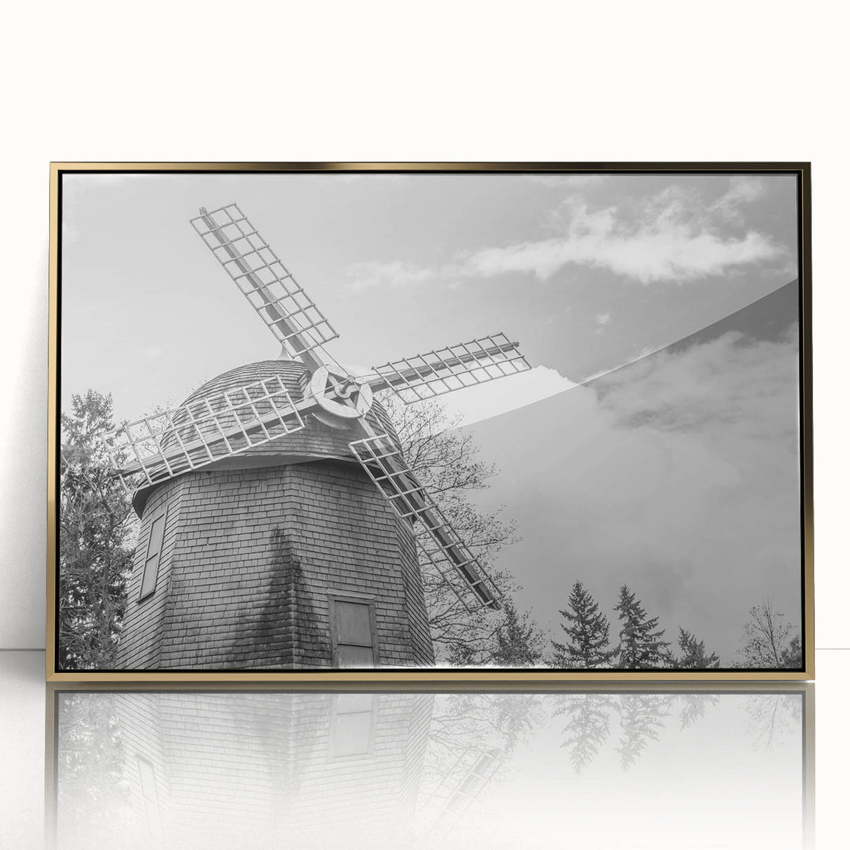 Framed acrylic wall art depicting a scenic landscape with windmills, featuring vibrant colors and gold accents, perfect for home decor.