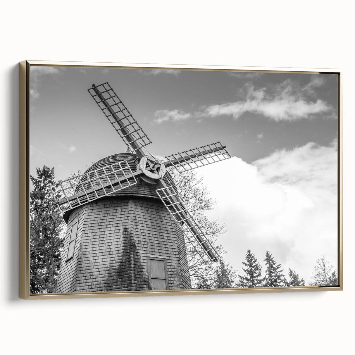 Framed canvas wall art showcasing a vibrant landscape with windmills, featuring gold accents and a sleek side view, perfect for modern home decor.