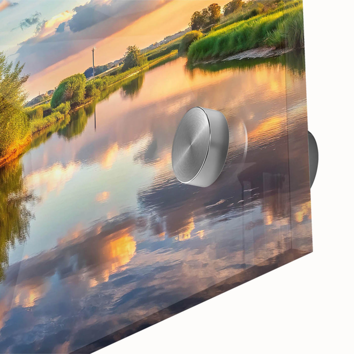 Close-up of a vibrant acrylic glass wall art piece showcasing a scenic landscape with windmills, perfect for home decor, adding a modern touch to any space.