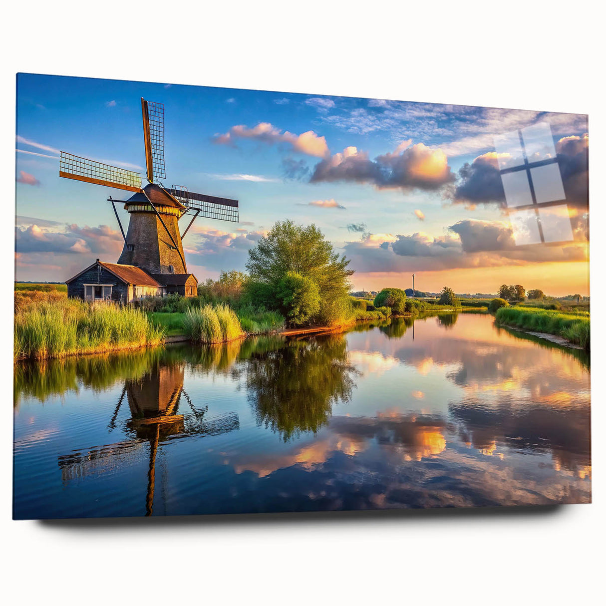 Acrylic wall art design showcasing a serene landscape featuring windmills against a vibrant sunset, presented in a side view without pins, perfect for home decor.